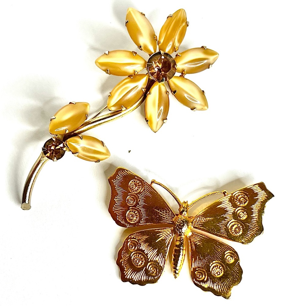 Vintage Brooch Lot Butterfly Rhinestone Flower Pair of Nature Lover Pins
